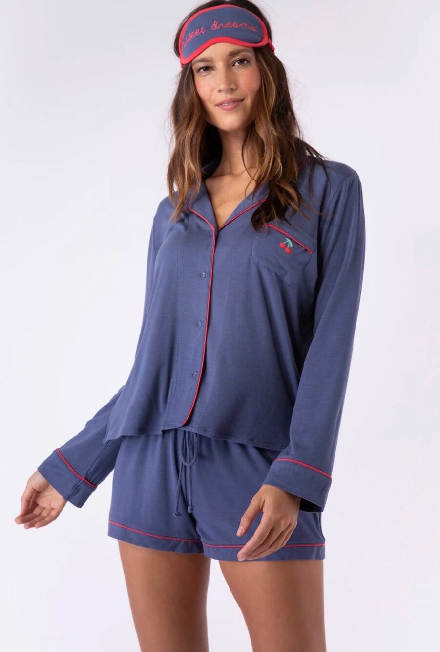P.J. Salvage Blue Modal Long Sleeve Short Pajama Set Medium Blue Cherry Cozy